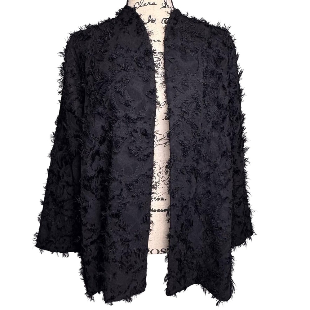 Open Front Cardigan Jacket Black Eyelash Fringe Textured Sz M Office Formal NWT